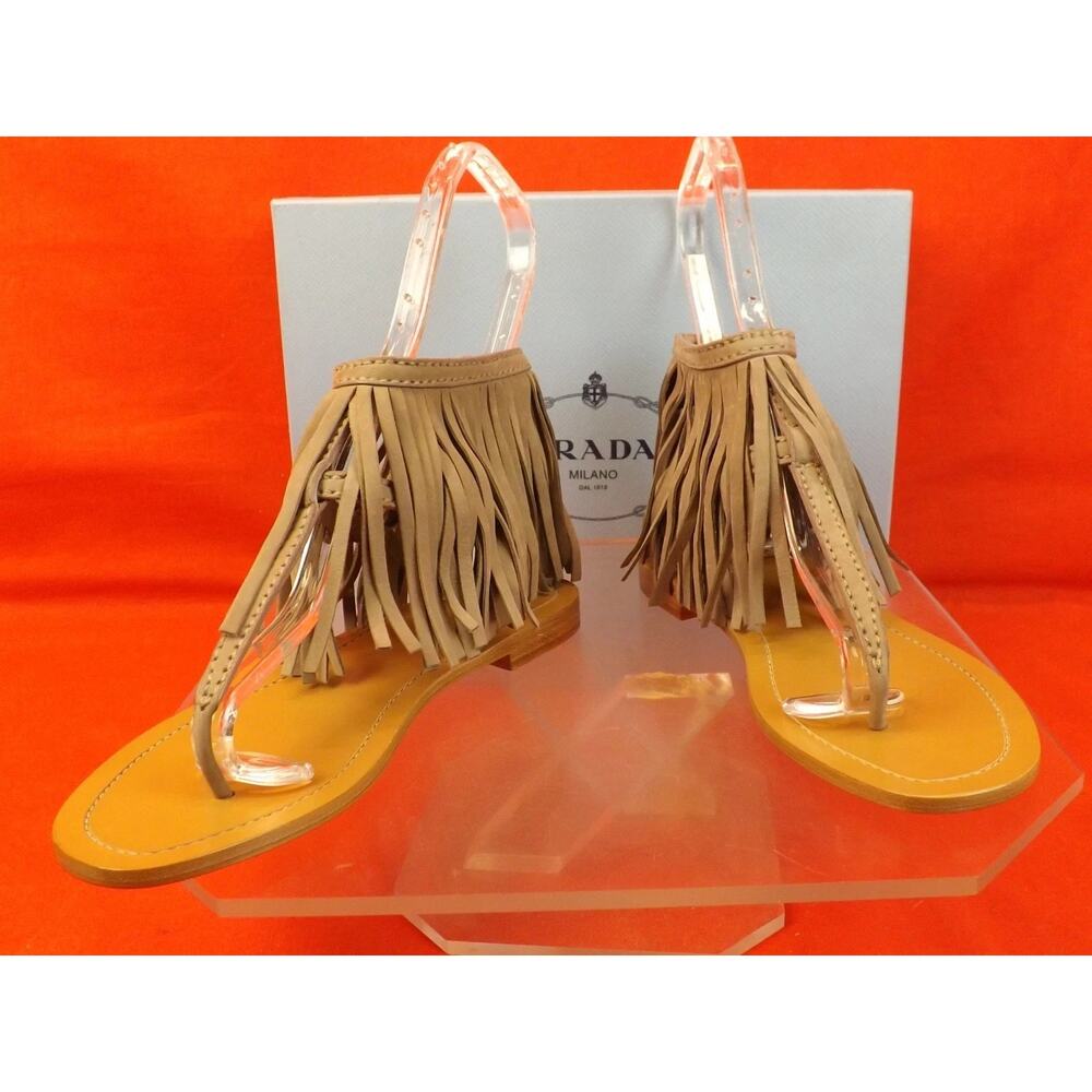 NIB PRADA 1Y703F BEIGE SUEDE FRINGE TRIMMED DOUBLE BUCKLE THONG FLAT SANDALS 36 - Picture 2 of 10